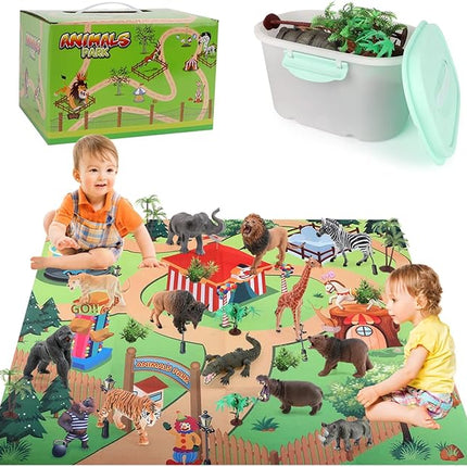 Aomola 24PCS Plastic Animal Toy Figure with Activity Play mat and Trees,Realistic Animal Figurines playset,Educational Jungle Toy Birthday Gift T18