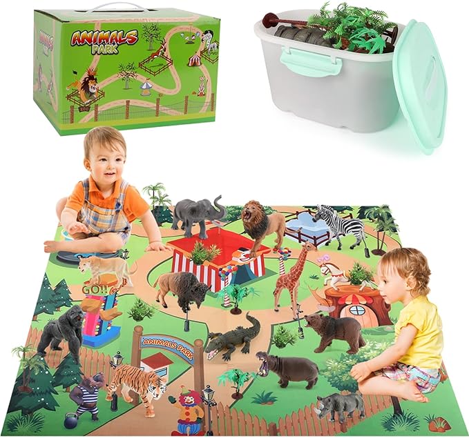 Aomola 24PCS Plastic Animal Toy Figure with Activity Play mat and Trees,Realistic Animal Figurines playset,Educational Jungle Toy Birthday Gift T18