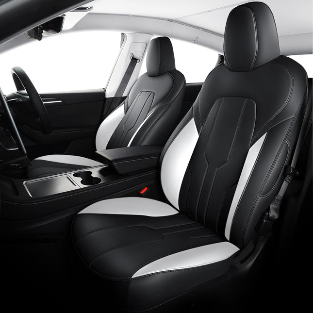 FREESOO Customzied Seat Covers for Tesla Model Y 7 Seats, Full Wrap Leather Seat Covers Interior Accessories Black White #C3