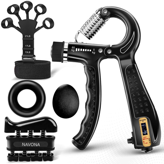 NAVONA 5-PC Grip Strength Trainer Kit, Hand Gripper Strengthener, Forearm Strengthener, Finger Strengthener, Finger Exerciser, Stress Relief Ball, Forearm Workout Ring for Muscle Building and Injury Recover