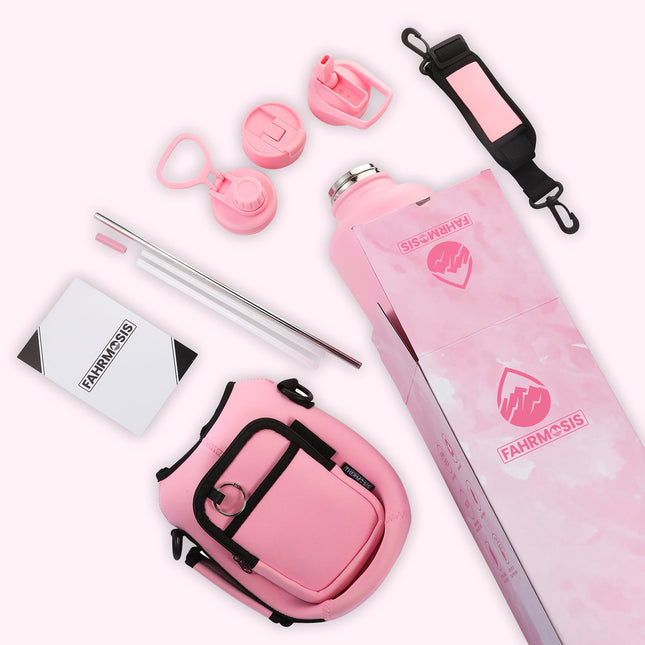 FAHRMOSIS 64oz Insulated Stainless Steel Water Bottle with 3 Lids (Straw, Chug and Flip Lid), Pink Solid