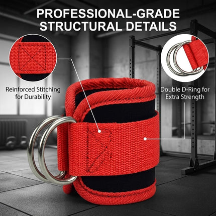 OVTSPO 2-PACK Fitness Ankle Cuff Adjustable Padded Strap with Metal D Ring for Leg and Glute Training, Cable Machine and Home Gym, RED