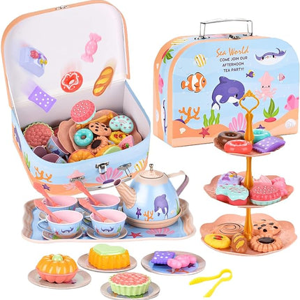 45Pcs Tea Party Set for Little Girls Princess Tea Time Toy Playset Ocean/Dinosaur Theme Kids Tea Set with Desserts & Carrying Case Kitchen Pretend Toy T134