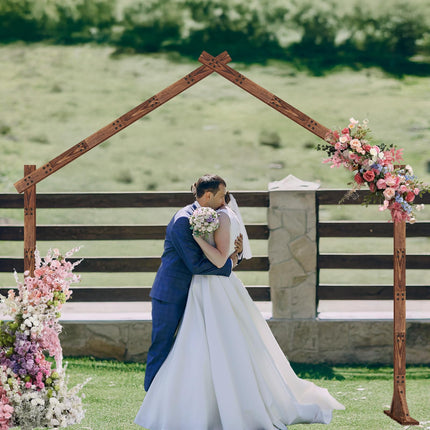 Skcoipsra 9FT Roof Wooden Wedding Backdrop Stand, Stable Wooden Arch Frame, Natural Wood Arch Stand Arbor Frame for Ceremony Anniversary Birthday Party Graduation Photo Background Decoration