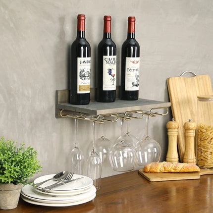 Wall Mounted Gray Wood Kitchen Floating Shelf with Brass Metal Wine Glass Stemware Holder Rack