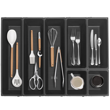 JEHONN Silverware Organizer, Utensil Drawer Tray for Kitchen Flatware Cutlery, Large Adjustable Plastic Storage Divider with 7 Compartment for Spoons Forks Knives (Black)