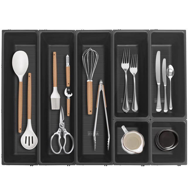 JEHONN Silverware Organizer, Utensil Drawer Tray for Kitchen Flatware Cutlery, Large Adjustable Plastic Storage Divider with 7 Compartment for Spoons Forks Knives (Black)