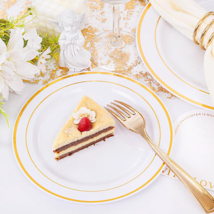 500 Gold Dinnerware Set: 100 Gold Rim Dinner Plates, 100 Salad Plates, 100 Silverware, Heavy Duty