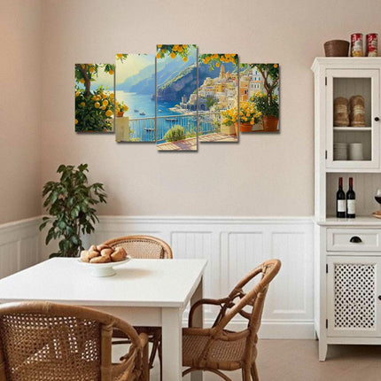 LZIMU 5Pcs Large Italy Canvas Wall Art Summer Yellow Lemon Tree Pictures Blue Italian Coastal Painting Prints Nature Seascape Poster Kitchen Home Decor (Green, (8x14inx2 8x18inx2 8x22inx1))