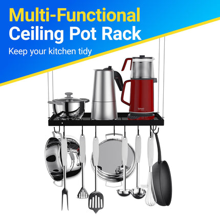 Miyili Ceiling Mounted Pot Rack Square Grid Kitchen Pot And Pan Organizer Storage Shelf with 10 Hooks, 24 by 12-inch (Black), KCR300B1