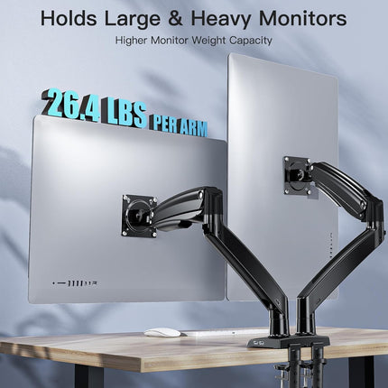 HUANUO Dual Monitor Stand - Adjustable Gaming Monitor Mount for Two 13 to 40 Inch Screens, Long Height Range, Sturdy VESA Mount with Clamp and Grommet Base, Each Arm Supports up to 26.4lbs