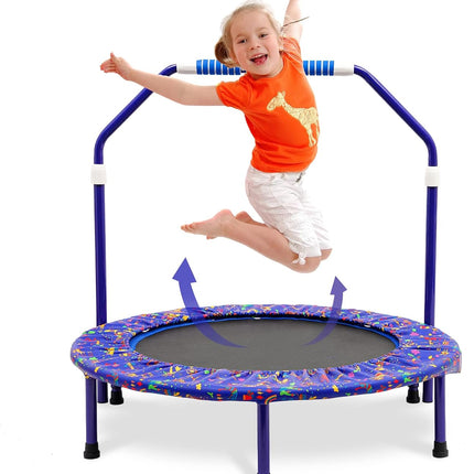 36'' Mini Trampoline for Kids With Adjustable Handle and Safety Padded Cover - Foldable Indoor & Outdoor Rebounder for Toddler Play and Exercise