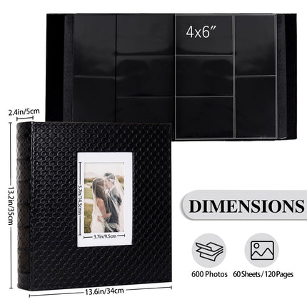 RECUTMS Photo Album for 4x6 Pictures 600 Pockets, Large Capacity Button Grain Leather Cover Holds 600 Horizontal and Vertical Photos for Wedding Anniversary Family Travel (Black)