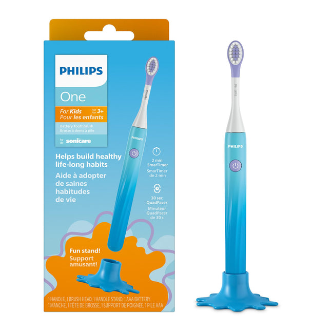Philips One for Kids by Sonicare, Battery Toothbrush, for Kids Age 3+, with SmarTimer and QuadPacer for Thorough Clean, Lightweight and Colorful Handle, Quick Start Guide, Blue, Model HY1130/02
