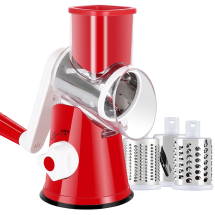 ANCEVSK Rotary Cheese Grater Shredder, Speed Kitchen Manual Round Mandolin Slicer Safe Grinder with 3 Interchangeable Blades for Nuts, Carrot, Hashbrown, Garlic, Walnut, Potato, Chocolate, Red