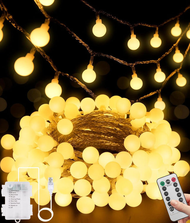 Pipiruew 33FT 100 LED Globe Ball String Lights, 8 Modes with Remote Battery & USB Powered, Warm White