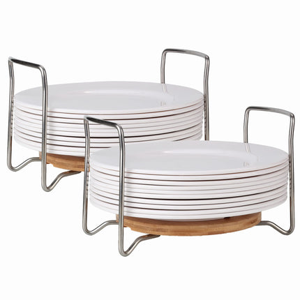 E-ROOM TREND Dish Holder SS304 2 Pack Large Round Size for 9" to 13" Plates Organizer Upgrade Thicken Bamboo Adjustable Size Easy Carried Handles Storage Rack for RV Cabinets Shelf Countertop (PH202R)