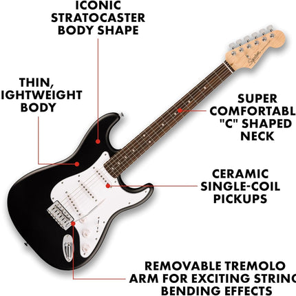 Fender Squier Debut Series Stratocaster Electric Guitar Kit, Beginner Guitar Kit, with Padded Gig Bag, Frontman 10G Amp, Strap, and More, Includes Free Lessons, Black