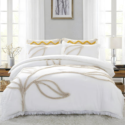 Rvciby Boho Leaf Duvet Cover Twin Size Soft Microfiber Bedding Set with Tassel and Tufted Pattern,2 Pieces,1 Duvet Cover with Zipper Closure & Corner Ties and 1 Pillow Sham,66X90 Inches (White)