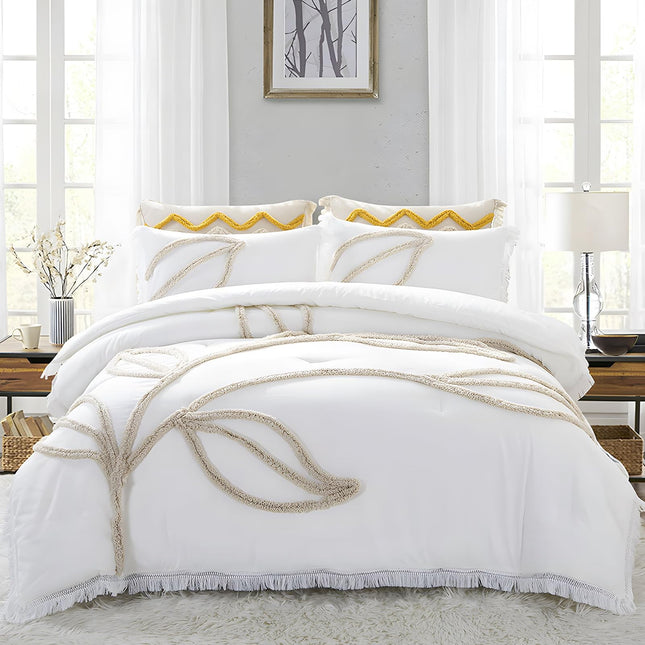 Rvciby Boho Leaf Duvet Cover Twin Size Soft Microfiber Bedding Set with Tassel and Tufted Pattern,2 Pieces,1 Duvet Cover with Zipper Closure & Corner Ties and 1 Pillow Sham,66X90 Inches (White)