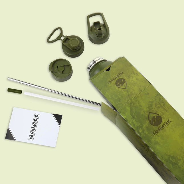 FAHRMOSIS 24oz Insulated Stainless Steel Water Bottle with Straw Includes 3 Lids, ARMY GREEN