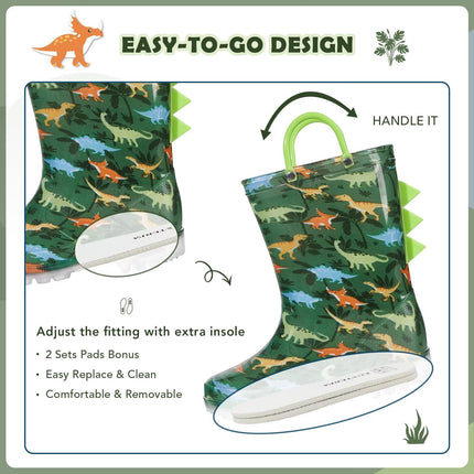 EUXTERPA Toddler Kids Light-Up Rain Boots, Green Dinosaur, Toddler Size 6