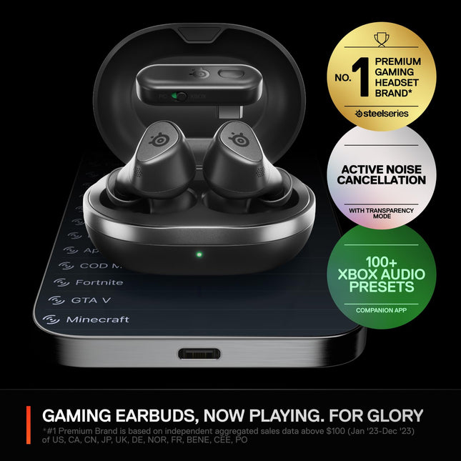 Arctis GameBuds for Xbox/PC/PS5/Switch/Mobile — Quick-Switch 2.4GHz + Bluetooth 5.3 — Active Noise Cancelling — Mobile App w/Sound Presets — Water Resistant IP55 — 40H Battery with Qi Charging Case