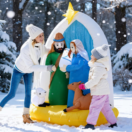 TRMESIA 6 Feet Indoor Outdoor Nativity Scene Inflatable Christmas Decor, LED Lights Holiday Garden Yard Lawn Decoration, Xmas Blow up Decoration,Featuring Mary Joseph Baby Jesus with Cute Sheep and Deer