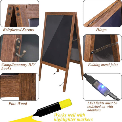 LED Drawing Chalk Board: Large Double Sided Blackboard with Lights - Wooden Message Chalkboard Display with 15 Light Colors 4 Flashing Mode for Kids, Restaurant Menu, Bar, Celebration