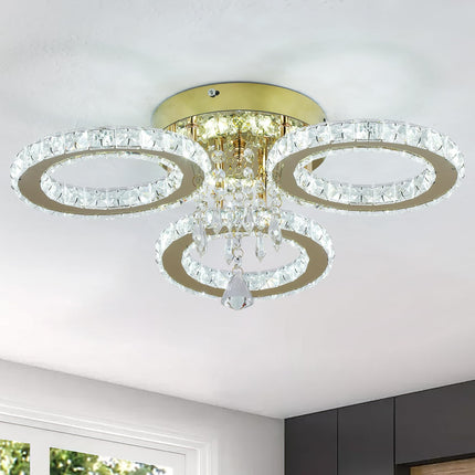 VETRULUS 3-Ring Crystal LED Chandelier Gold Flush Ceiling Light Cool White