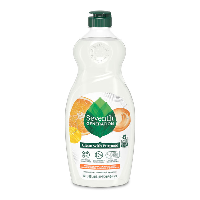Seventh Generation Liquid Dish Soap, Clementine Zest & Lemongrass, Tough on Grease, 19 Fl Oz/561ml