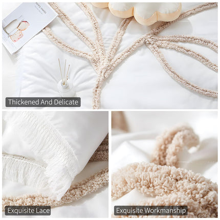 Rvciby Boho Leaf Duvet Cover Twin Size Soft Microfiber Bedding Set with Tassel and Tufted Pattern,2 Pieces,1 Duvet Cover with Zipper Closure & Corner Ties and 1 Pillow Sham,66X90 Inches (White)