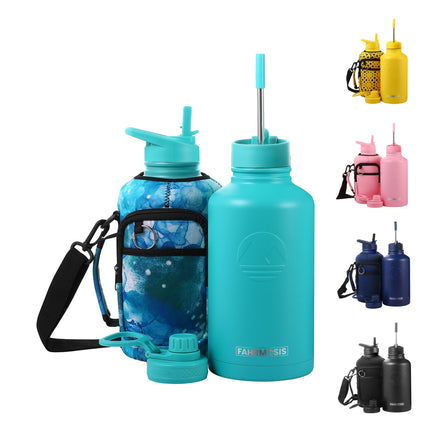 FAHRMOSIS 64oz Insulated Stainless Steel Sports Water Bottle with Strap 3 Lids (straw, Chug and Flip Lid, TEAL