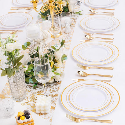 500 Gold Dinnerware Set: 100 Gold Rim Dinner Plates, 100 Salad Plates, 100 Silverware, Heavy Duty