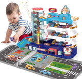 4-Level Garage Track Set Toy for Kids Electric & Manual Toddler Car Ramp Track Toy Playset with 4 Cars-Race Track Elevator Cars, Garage Building Parking Lot with Light Sound T29