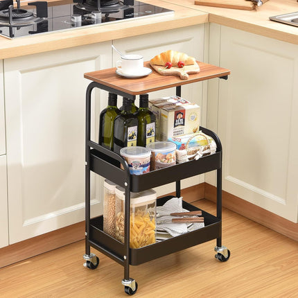 PRENSYA 3 Tier Rolling Storage Cart with Wooden Tabletop, Heavy Duty Metal Utility Trolley with Lockable 360° Wheels, Mobile Organizer for Kitchen, Bathroom, Office, Laundry, Bedroom, Study Room Black