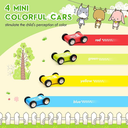 Car Ramp Toy, Wooden Car Ramp Toy with 4 Mini Cars, Fine Motor Skill & Improve Focus, Race Car Track Toy, Montessori Ramp Racer Playset T123