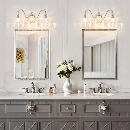BrkNit Vintage Bathroom Light Fixtures Over Mirror, 3-Light Brushed Nickel Wall Sconce Lighting with Flower Glass Shade, Farmhouse Vanity Lights for Bedroom Kitchen Living Room Hallway Light