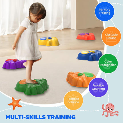 WELIN Balance Stepping Stones for Kids, 6pcs Crossing River Octopus Stone with Light, Indoor Outdoor Fitness Equipment, Balance Training Toy Obstacle Course, Birthday Gifts for Boys Girls Ages 3+