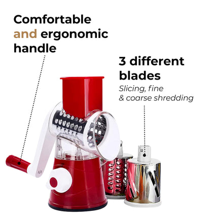 JS Gourmet Rotary Cheese Grater with Crank Handle and 3 Interchangeable Blades, Ideal for Grating, Shredding and Slicing Vegetables, Fruits, Nuts, Carrots