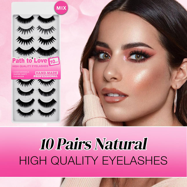 Path to Love 10 Pairs false eyelashes,Mix 10 Style natural volume lashes strips Dramatic Cat Eye Faux Mink Fake Lash Thin Band Extensions Waterproof Easy Eyelashes for Beginners