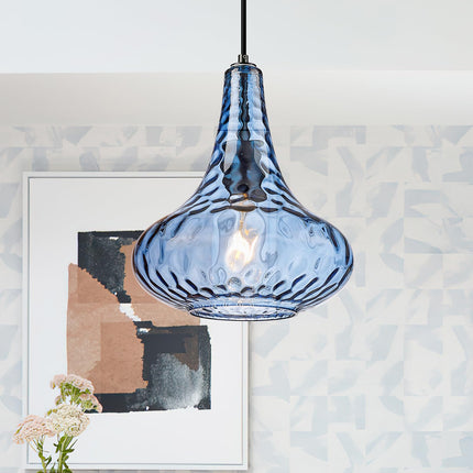 AUTELO Blue Pendant Lights Kitchen Island, 10" Hammered Glass Pendant Lights, Modern Pendant Light Fixtures in Matte Black Finish, Hanging Lamp for Dining Room, Kitchen Sink, H9164 BU