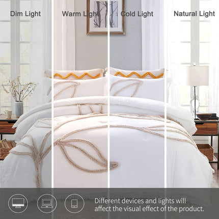 Rvciby Boho Leaf Duvet Cover Twin Size Soft Microfiber Bedding Set with Tassel and Tufted Pattern,2 Pieces,1 Duvet Cover with Zipper Closure & Corner Ties and 1 Pillow Sham,66X90 Inches (White)