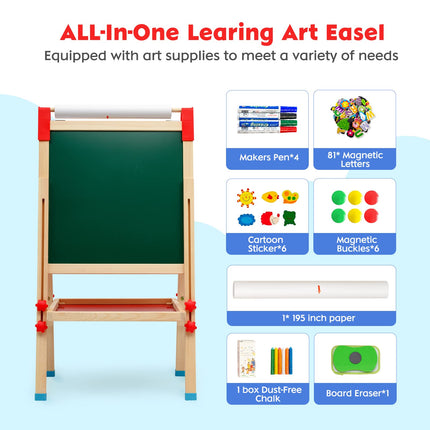 Kids Art Easel for Kids, Adjustable Standing Wooden Toddler Drawing Board, Double Sided Chevalet Enfant with Painting Supplies, Gift Art Supplies for Toddlers Age 4-8 9-12 (T04)