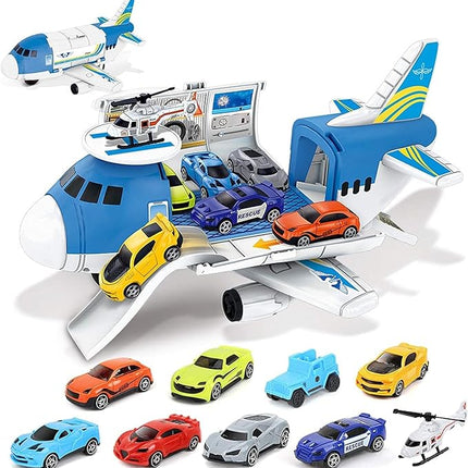 Kids Airplane Toys Transport Cargo Play Kit, Aircraft Vehicle Toys Big Transport Cargo with 8 Mini Cars and Helicopter, Kids Birthday T55