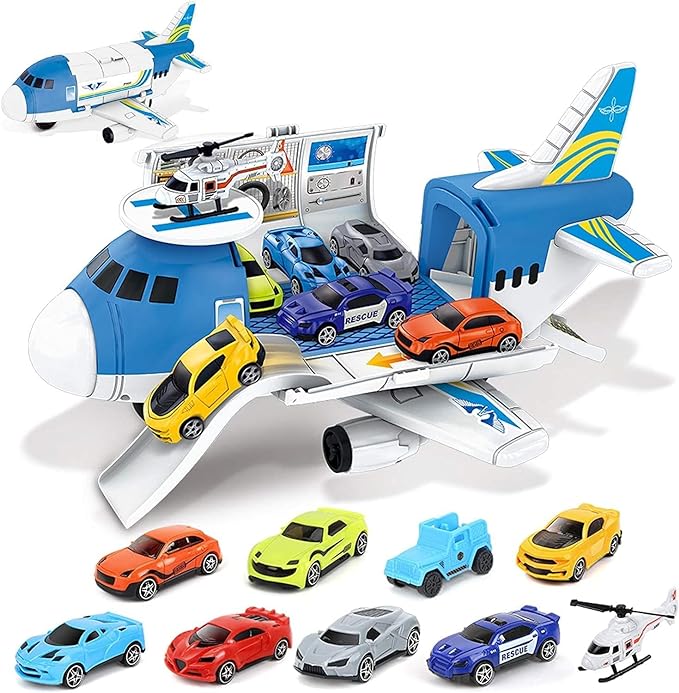 Kids Airplane Toys Transport Cargo Play Kit, Aircraft Vehicle Toys Big Transport Cargo with 8 Mini Cars and Helicopter, Kids Birthday T55