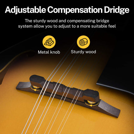Donner A Style Sunburst Beginner Adult Acoustic Mandolin Mahogany 8 String, Bundle With Tuner String Bag Guitar Picks, DML-1