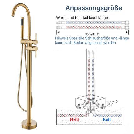 YAGATAP Freestanding Bathtub Faucet Floor Mount Tub Filler Brushed Gold High Flow Shower Faucets with Handheld Shower Mixer Taps Swivel Spout