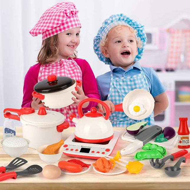 Kitchen Set for Kids Toddlers, Pretend Play Kitchen Toys with Electronic Induction Cooktop, Steam Pressure Pot, Cookware, Cutting Play Food, Learning Toys Birthday Gifts for Girls Boys(Red) t42