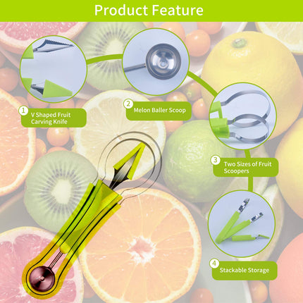 DAOENY 5Pcs Melon Baller Scoop Set, 4 in 1 Stainless Steel Fruit Scooper Seed Remover Cutter, Double Sided Melon Baller Spoon, Avocado Cutter, Watermelon Carving Knife for Dig Pulp Separator Fruit Slicer